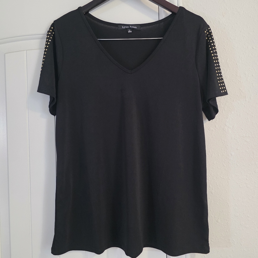 Lynn Ryan Black Gold Embellished Sleeves Blouse Large